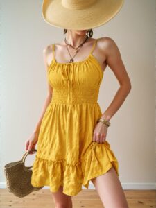 Elegant Yellow Relaxed Fit High Waist Cami Dress with Flounce Hem and Ruffle Details - Chic, Classy and Trendy Fashion Style to Dress to Impress