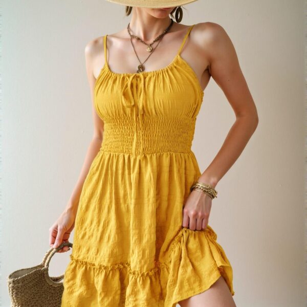 Elegant Yellow Relaxed Fit High Waist Cami Dress with Flounce Hem and Ruffle Details - Chic, Classy and Trendy Fashion Style to Dress to Impress