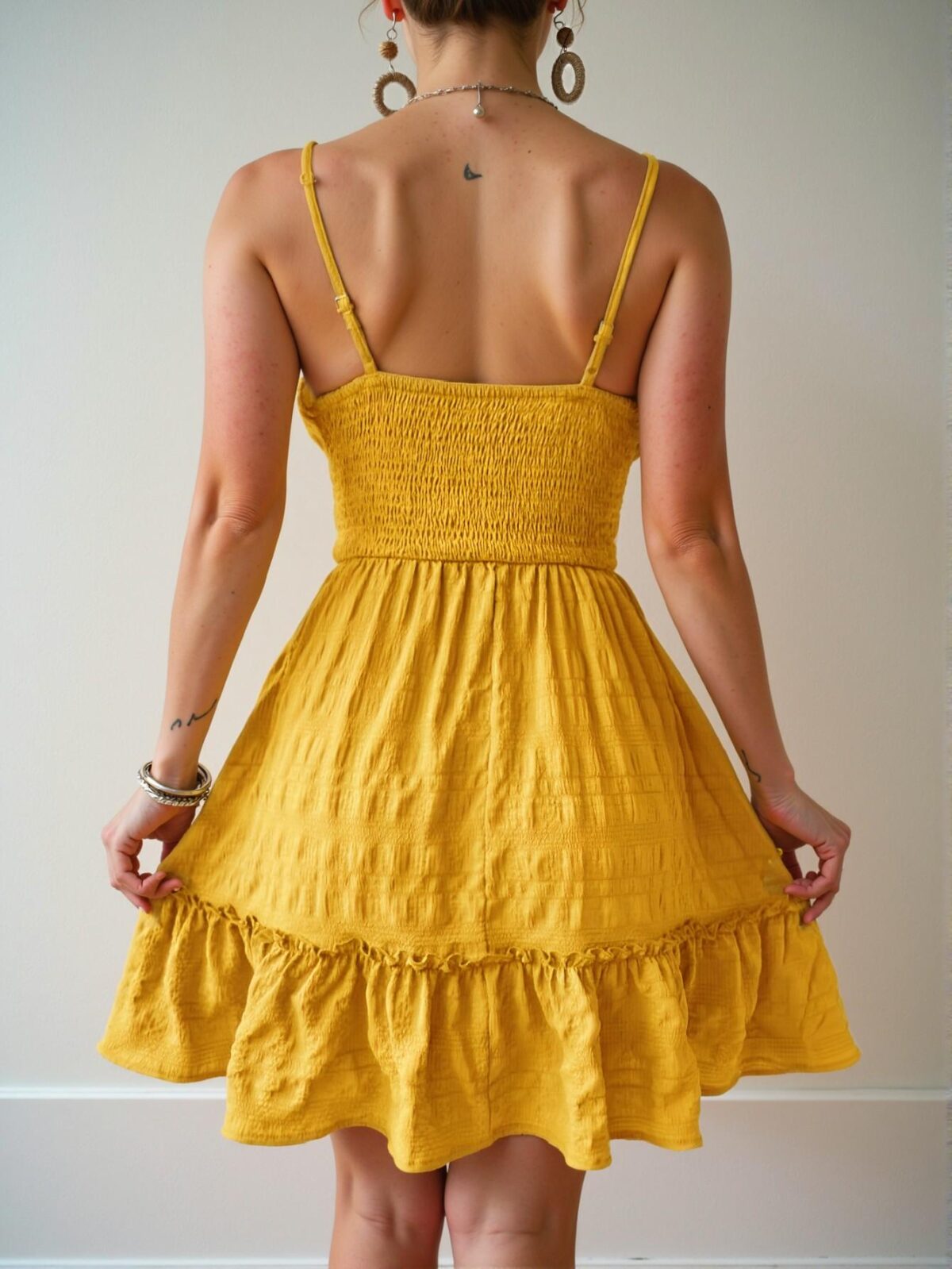Elegant Yellow Relaxed Fit High Waist Cami Dress with Flounce Hem and Ruffle Details - Chic, Classy and Trendy Fashion Style to Dress to Impress - Image 2