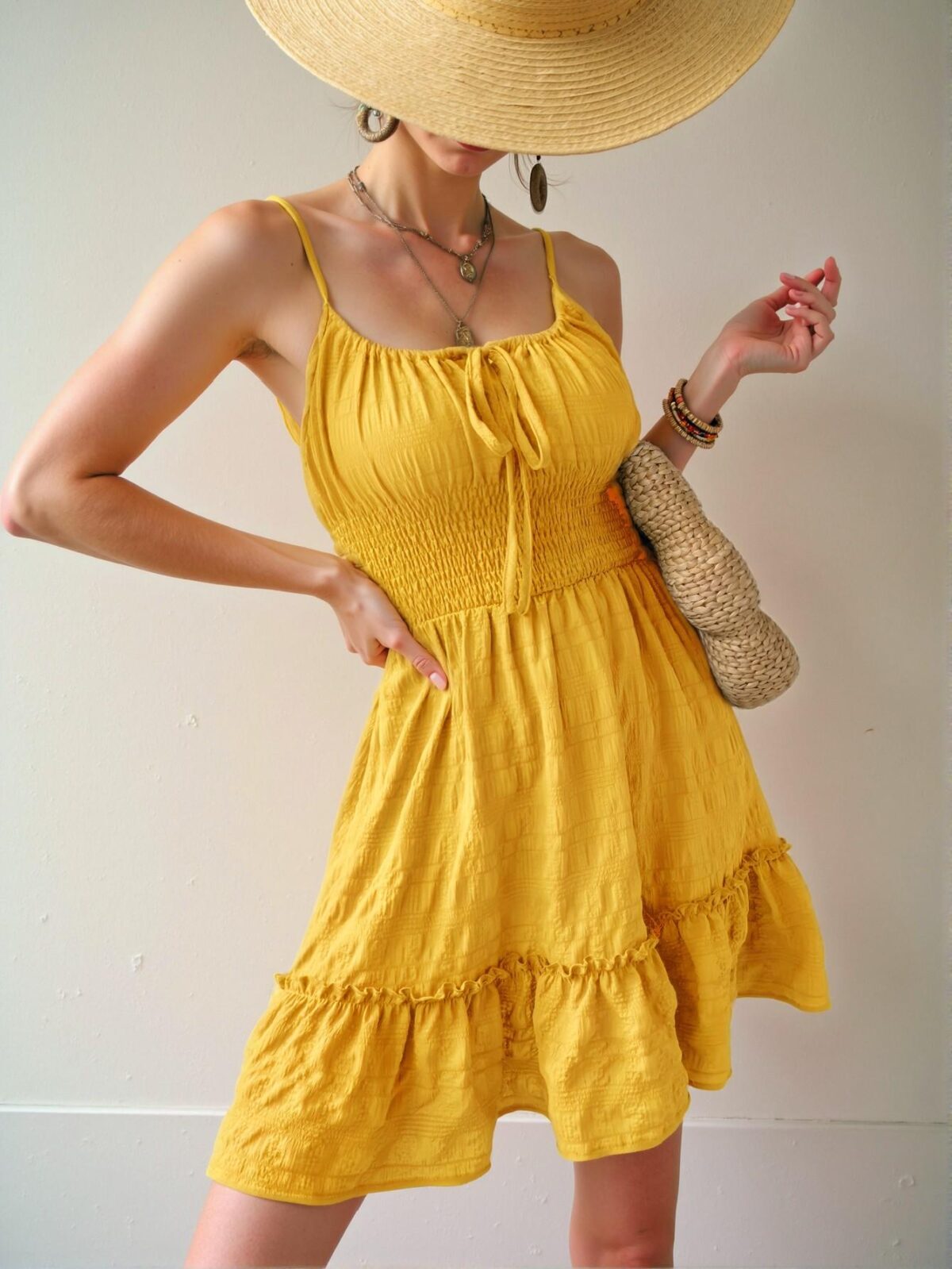 Elegant Yellow Relaxed Fit High Waist Cami Dress with Flounce Hem and Ruffle Details - Chic, Classy and Trendy Fashion Style to Dress to Impress - Image 5
