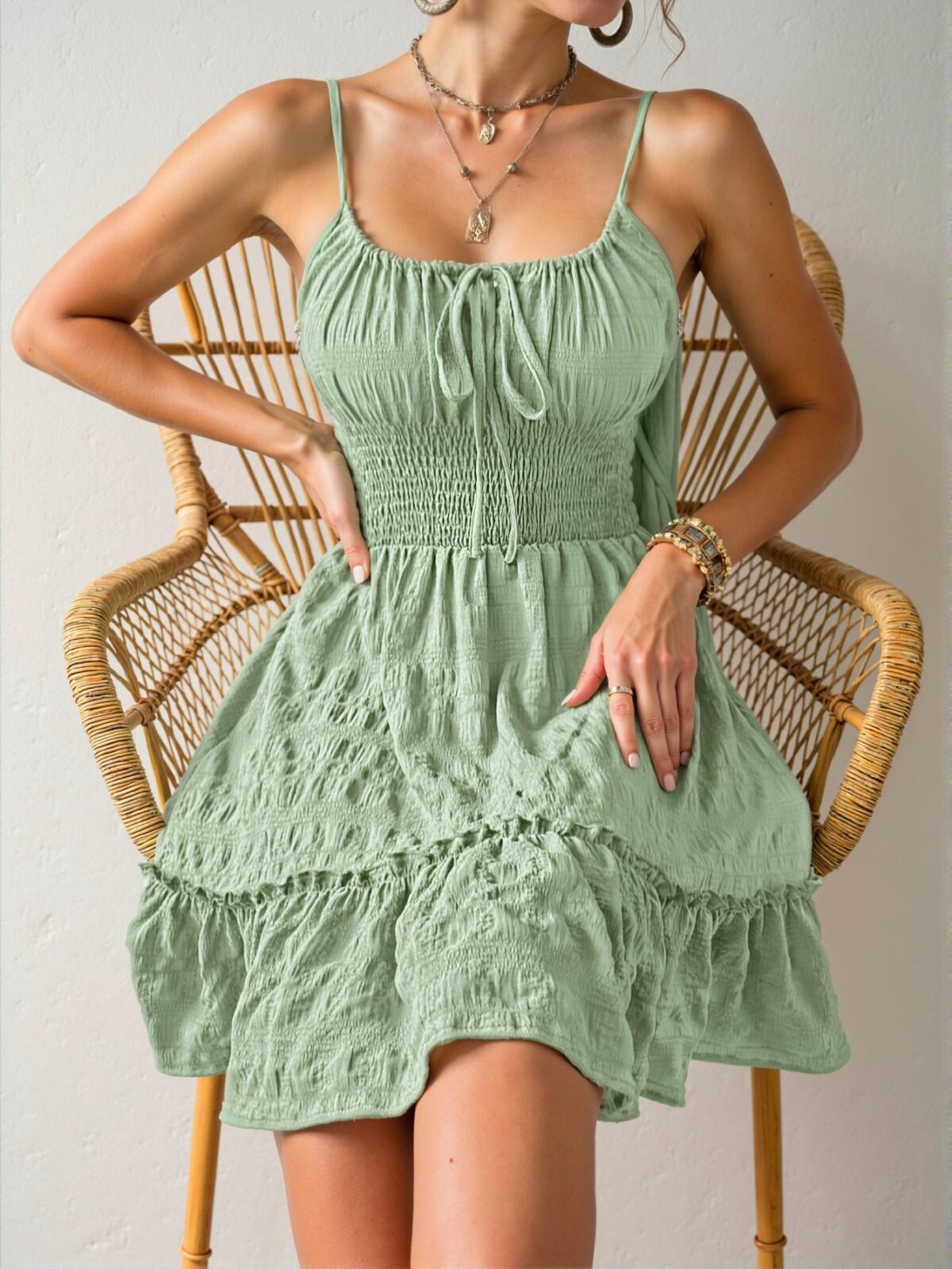 Elegant Mint Green Casual Cami Dress with Drawstring Waist and Flounce Hem – Chic, Classy and Trendy Fashion Style to Dress to Impress - Image 3