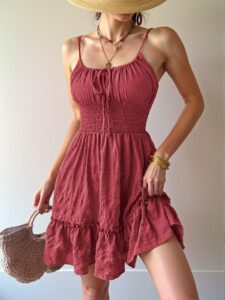 Elegant Red Violet Effortless High-Waist Drawstring Casual Camisole Dress Perfect for Your Getaway Chic, Classy and Trendy Fashion Style to Dress to Impress