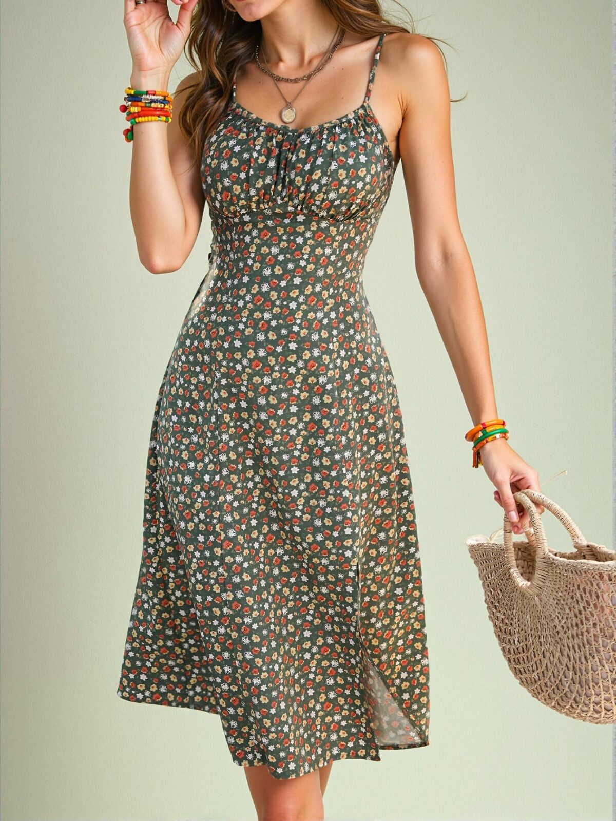 Elegant Multicolor Boho Floral Midi Dress with Spaghetti Straps and Split Hem Perfect for Holidays and Resort Wear - Chic, Classy and Trendy Fashion Style to Dress to Impress - Image 5