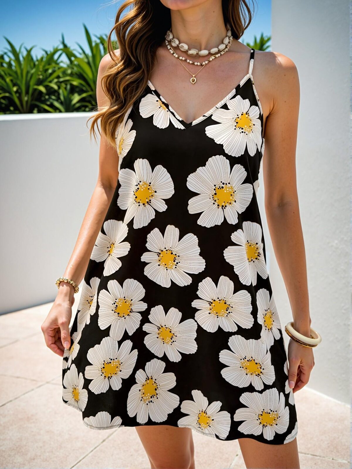 Elegant Black and White Floral V-Neck Woven Mini Dress for Women, Perfect Summer Vacation Outfit – Chic, Classy and Trendy Fashion Style to Dress to Impress - Image 4