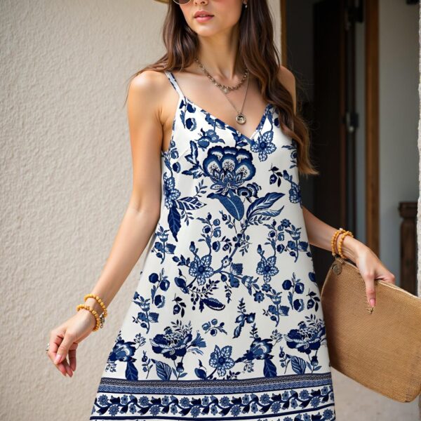 Elegant Blue Floral Placement Print Mini Dress for Spring/Summer Vacations, Perfect for Stylish Getaways - Chic, Classy and Trendy Fashion Style to Dress to Impress