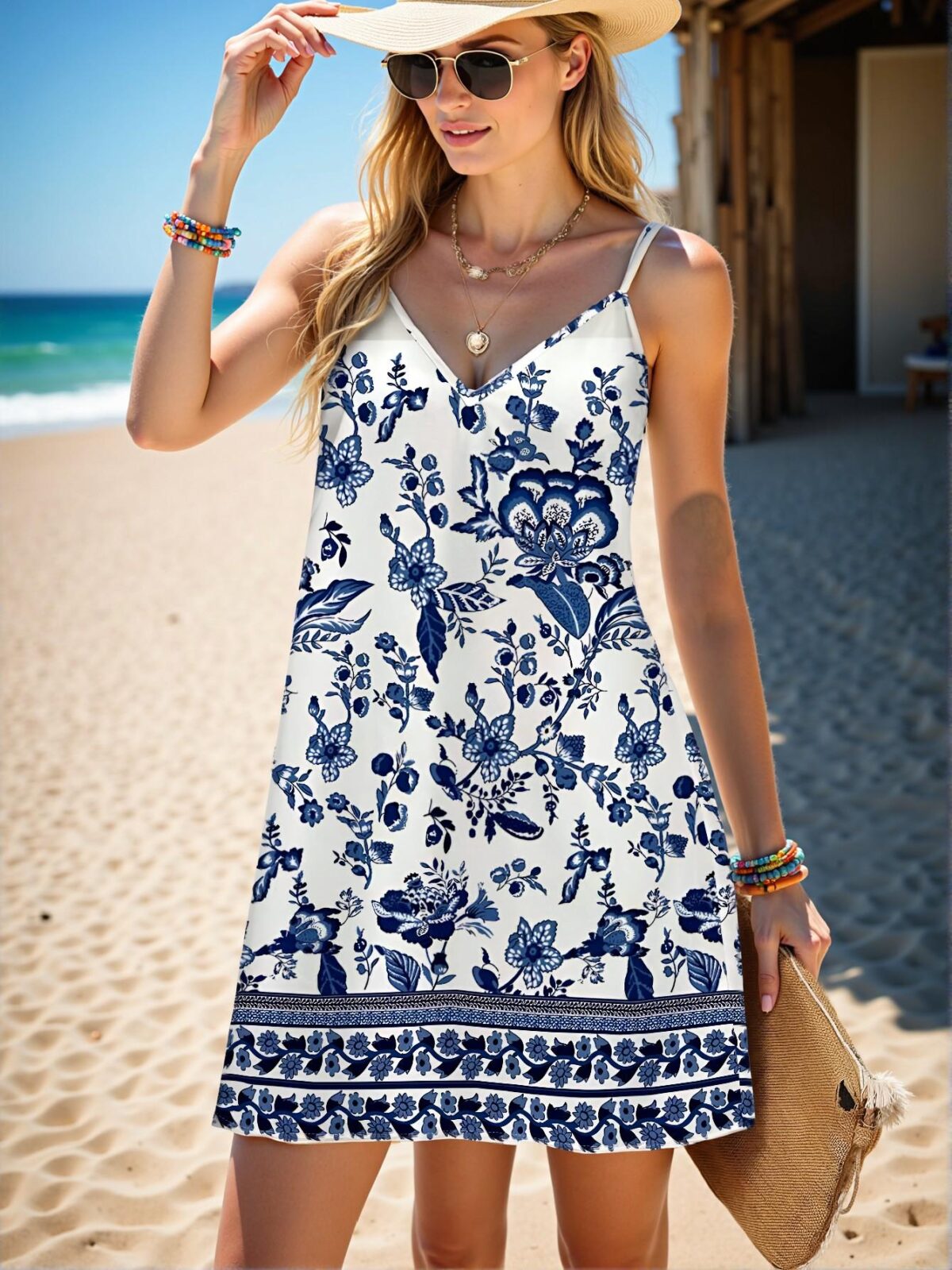 Elegant Blue Floral Placement Print Mini Dress for Spring/Summer Vacations, Perfect for Stylish Getaways - Chic, Classy and Trendy Fashion Style to Dress to Impress - Image 5