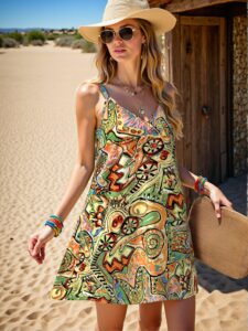 Elegant Green Boho Floral Print Spaghetti Strap Mini Dress for Summer Vacations and Beach Outings - Chic, Classy and Trendy Fashion Style to Dress to Impress