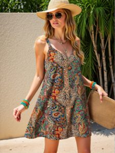 Elegant Multicolor Bohemian Printed Wrap Dress with V-Neck and Open Back for Music Festivals and Summer Occasions - Chic, Classy and Trendy Fashion Style to Dress to Impress