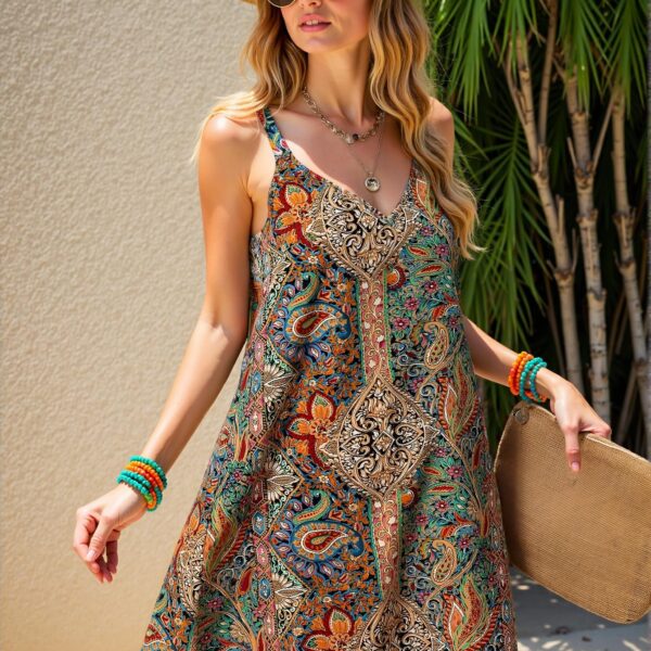 Elegant Multicolor Bohemian Printed Wrap Dress with V-Neck and Open Back for Music Festivals and Summer Occasions - Chic, Classy and Trendy Fashion Style to Dress to Impress