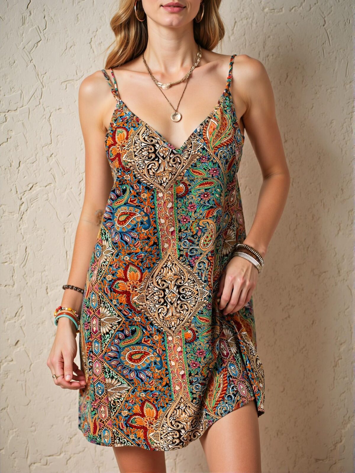 Elegant Multicolor Bohemian Printed Wrap Dress with V-Neck and Open Back for Music Festivals and Summer Occasions - Chic, Classy and Trendy Fashion Style to Dress to Impress - Image 4