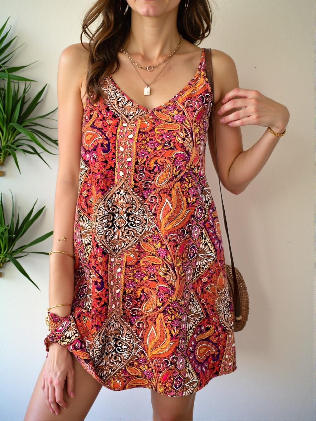 Elegant Red Bohemian Printed V-Neck Open Back A-Line Dress Perfect for Music Festival Attire Chic, Classy and Trendy Fashion Style to Dress to Impress