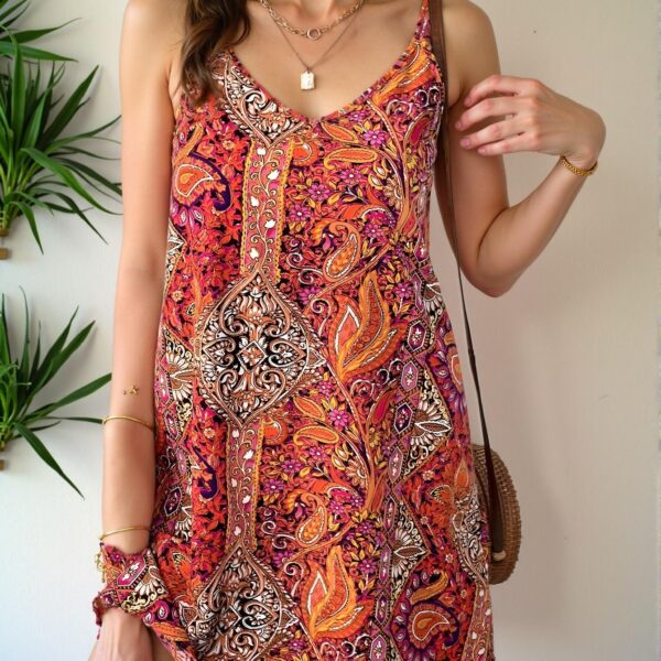Elegant Red Bohemian Printed V-Neck Open Back A-Line Dress Perfect for Music Festival Attire Chic, Classy and Trendy Fashion Style to Dress to Impress