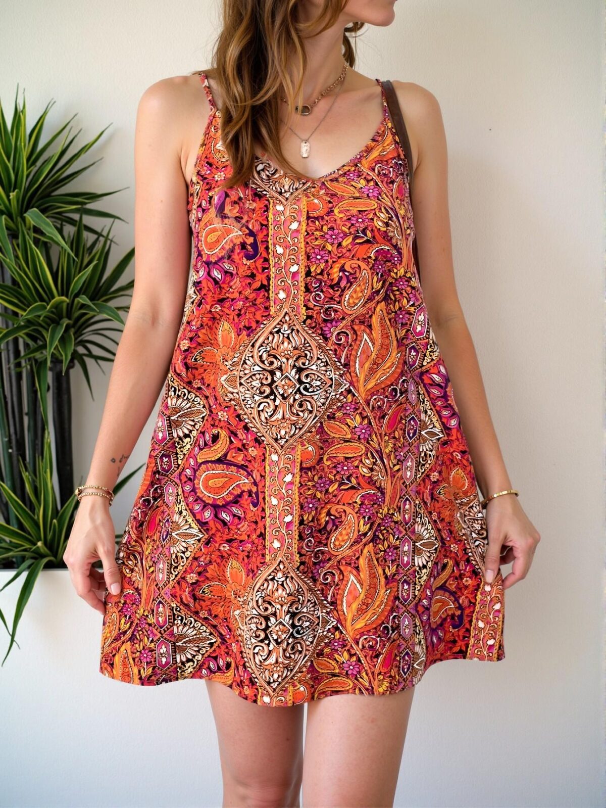 Elegant Red Bohemian Printed V-Neck Open Back A-Line Dress Perfect for Music Festival Attire Chic, Classy and Trendy Fashion Style to Dress to Impress - Image 3