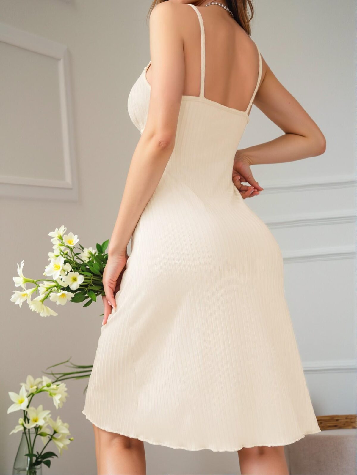 Elegant Apricot Stylish Rib-Knit Nightgown with Tie Front for Chic, Classy and Trendy Fashion Style to Dress to Impress - Image 2