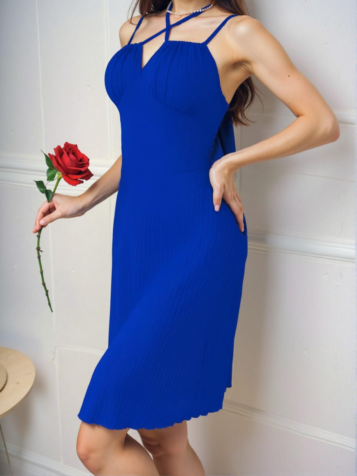 Elegant Blue Casual Cami Nightgown with Front Tie and Pleated Details - Chic, Classy and Trendy Fashion Style to Dress to Impress - Image 3