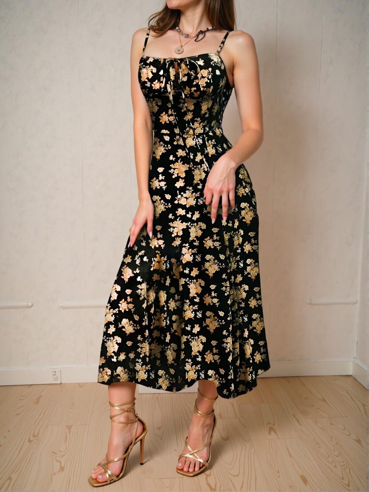 Elegant Black Bohemian Floral Maxi Dress with Front Tie Straps for a Chic, Classy, and Trendy Fashion Style to Dress to Impress - Image 3