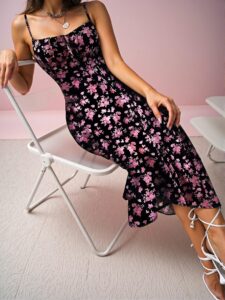 Elegant Black Fitted Floral Tie Front Dress Chic, Classy and Trendy Fashion Style to Dress to Impress
