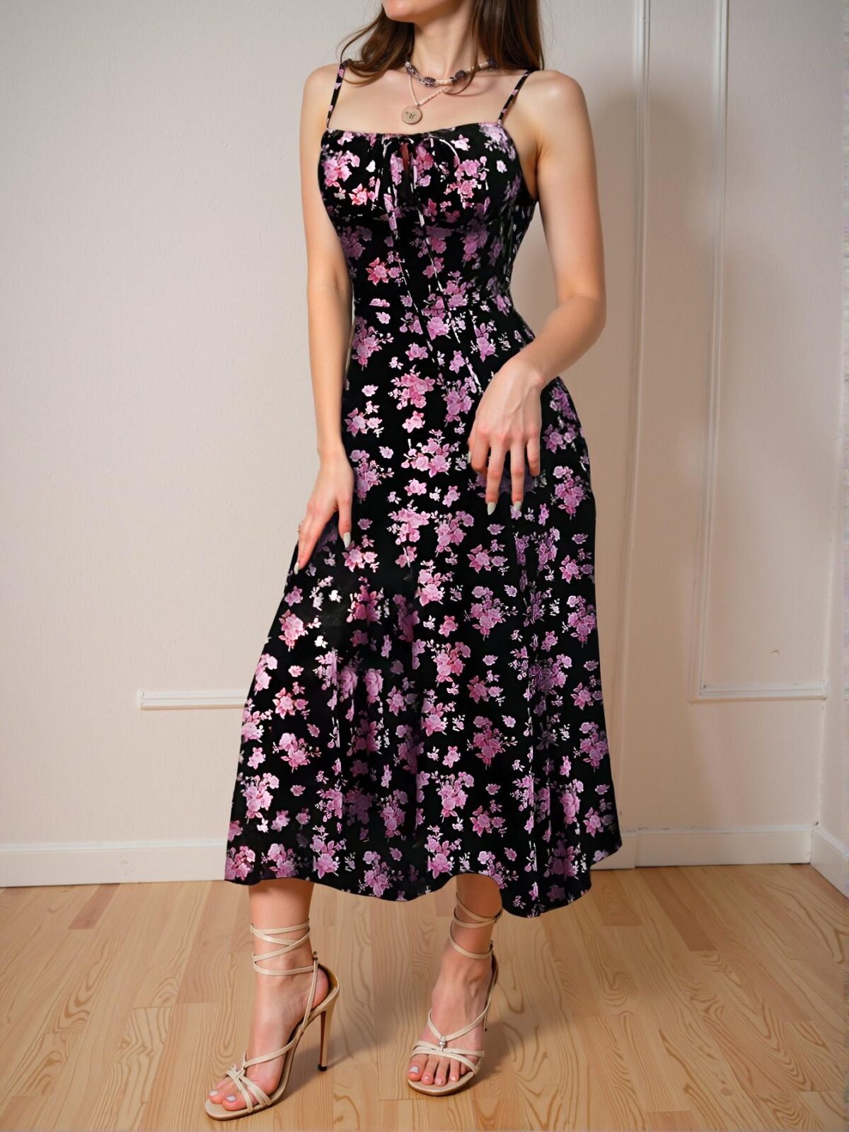 Elegant Black Fitted Floral Tie Front Dress Chic, Classy and Trendy Fashion Style to Dress to Impress - Image 3