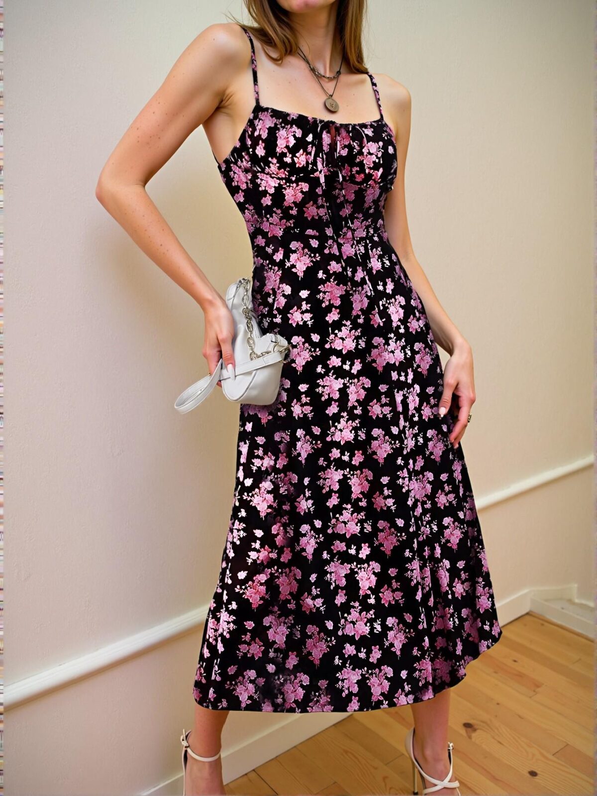 Elegant Black Fitted Floral Tie Front Dress Chic, Classy and Trendy Fashion Style to Dress to Impress - Image 5