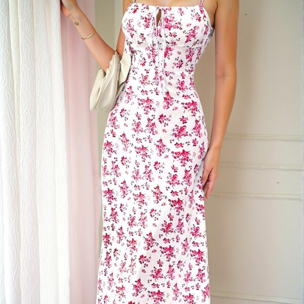 Elegant Red Floral Ditsy Maxi Dress with Front Tie Detail - Chic, Classy and Trendy Fashion Style to Dress to Impress