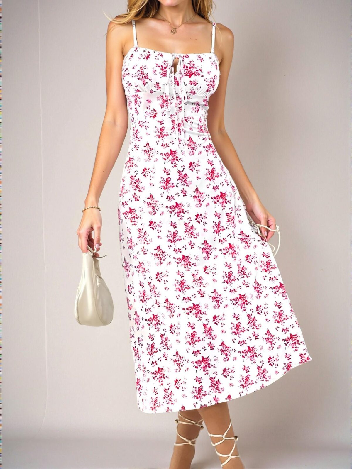 Elegant Red Floral Ditsy Maxi Dress with Front Tie Detail - Chic, Classy and Trendy Fashion Style to Dress to Impress - Image 5