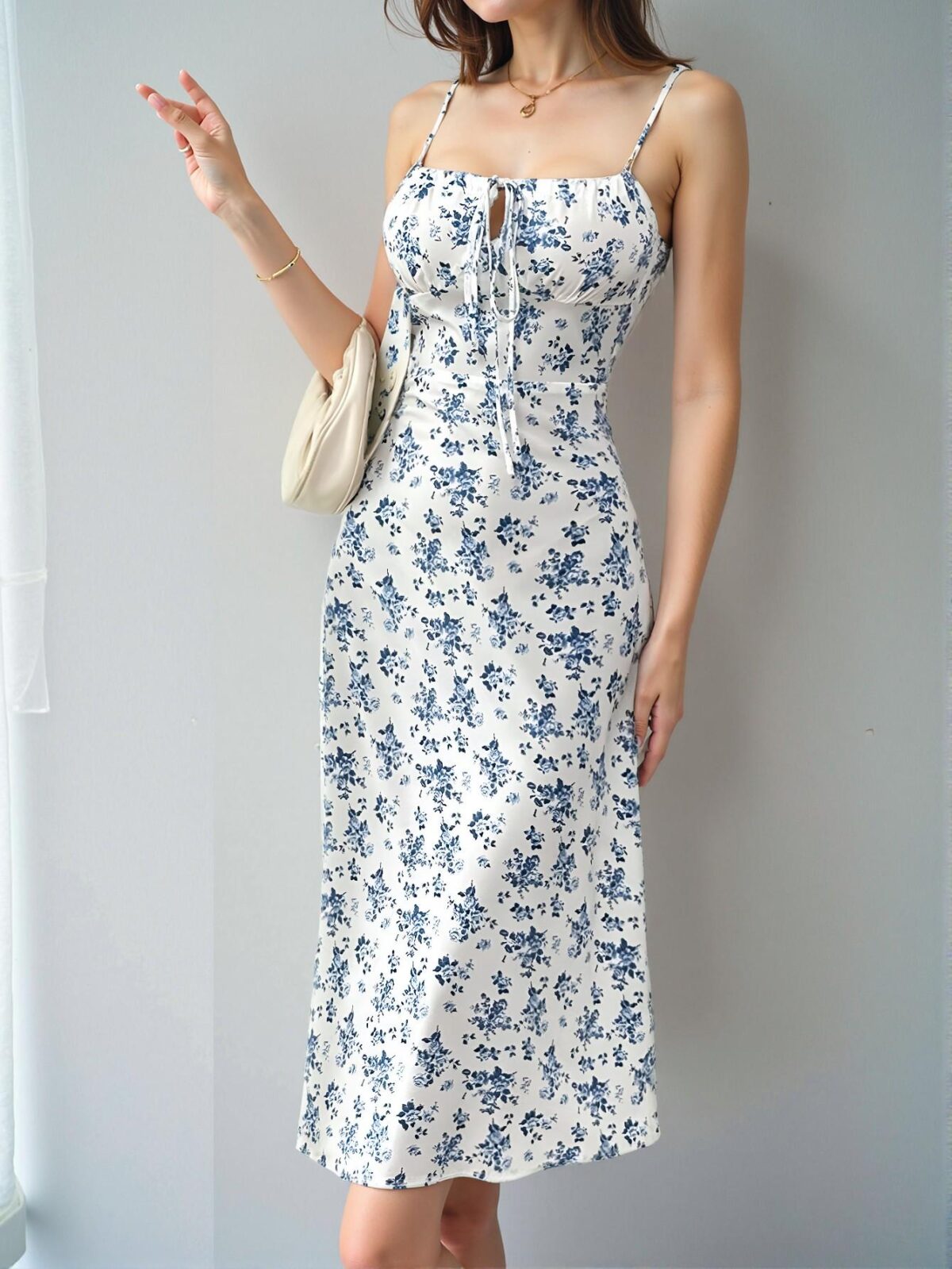 Elegant White Floral Allover Spaghetti Strap Maxi Dress with Front Tie, Back Zipper, and Pleats Detail for Effortless Holiday Style - Chic, Classy, and Trendy Fashion to Dress to Impress