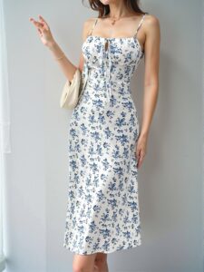 Elegant White Floral Allover Spaghetti Strap Maxi Dress with Front Tie, Back Zipper, and Pleats Detail for Effortless Holiday Style - Chic, Classy, and Trendy Fashion to Dress to Impress