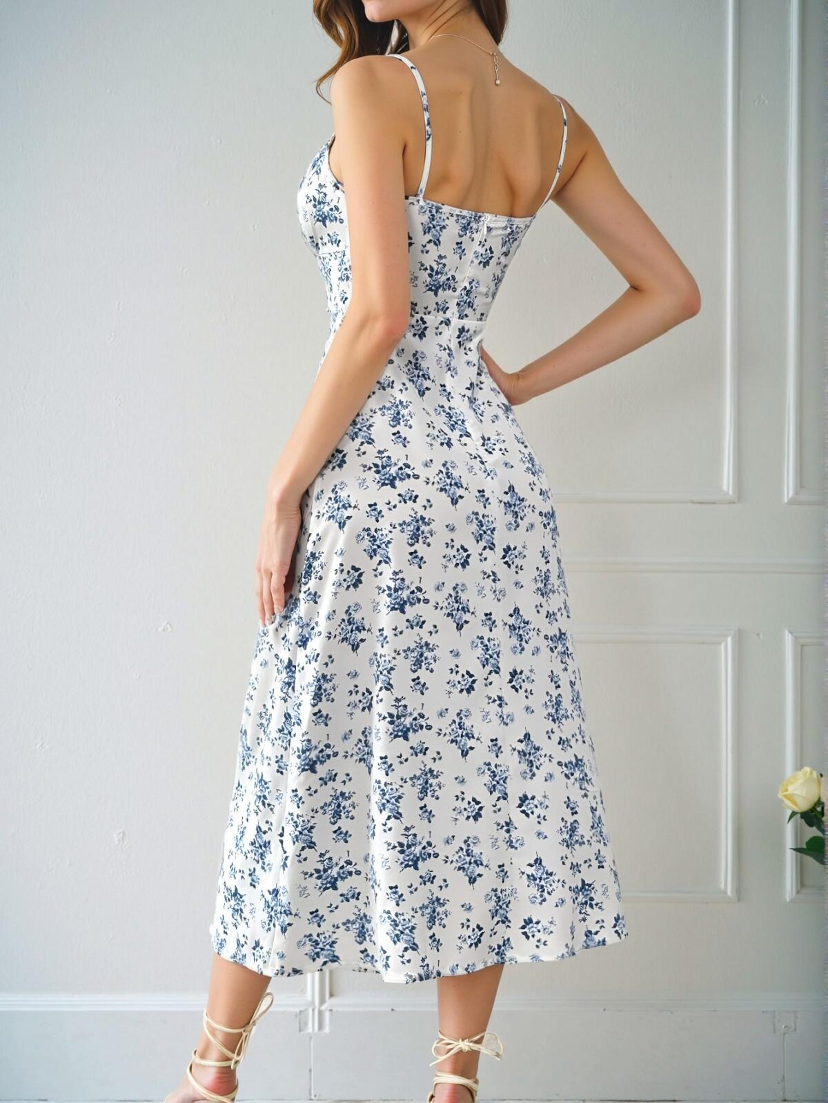 Elegant White Floral Allover Spaghetti Strap Maxi Dress with Front Tie, Back Zipper, and Pleats Detail for Effortless Holiday Style - Chic, Classy, and Trendy Fashion to Dress to Impress - Image 2