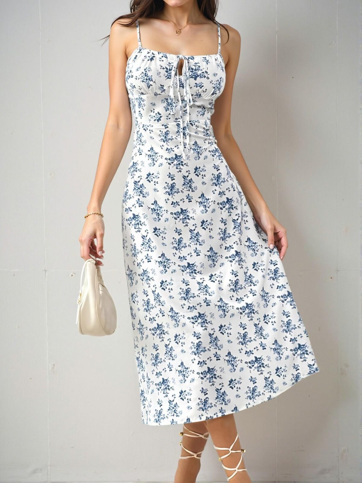 Elegant White Floral Allover Spaghetti Strap Maxi Dress with Front Tie, Back Zipper, and Pleats Detail for Effortless Holiday Style - Chic, Classy, and Trendy Fashion to Dress to Impress - Image 3