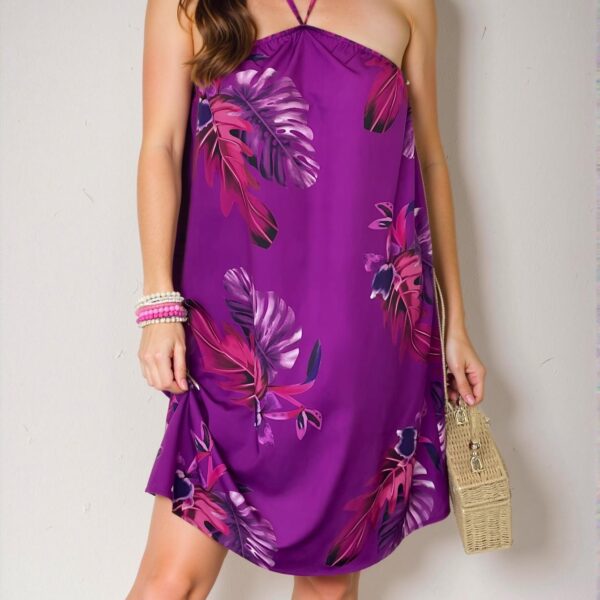 Chic Multicolor Tropical Print Cami Dress with Halter Neck and Backless Design - Classy and Trendy Fashion Style to Dress to Impress