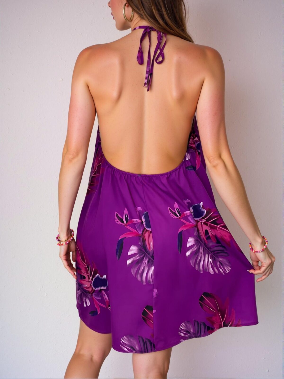 Chic Multicolor Tropical Print Cami Dress with Halter Neck and Backless Design - Classy and Trendy Fashion Style to Dress to Impress - Image 2