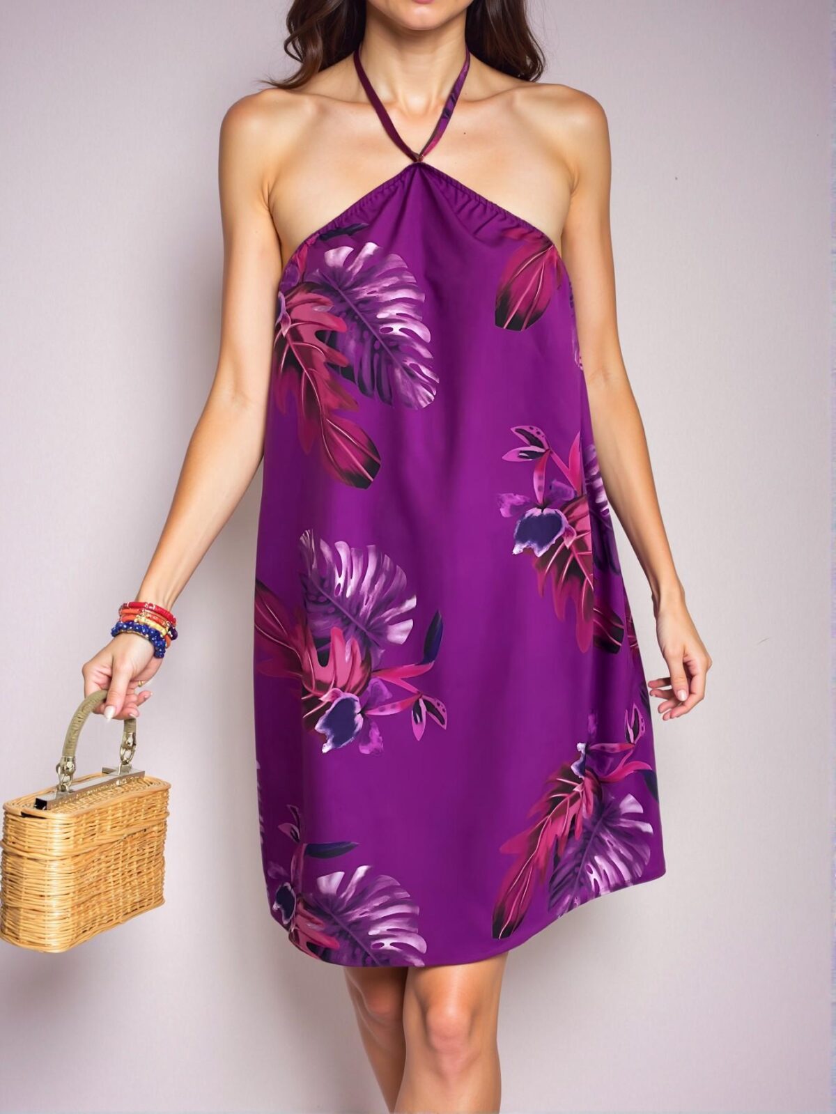 Chic Multicolor Tropical Print Cami Dress with Halter Neck and Backless Design - Classy and Trendy Fashion Style to Dress to Impress - Image 5