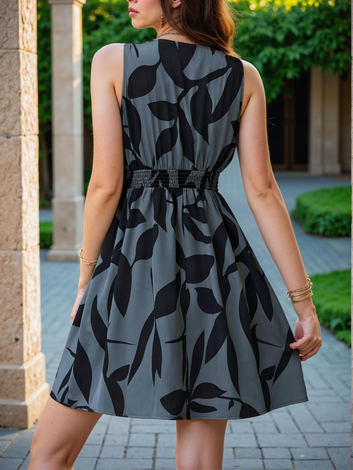 Elegant Dusty Blue Floral Print V-Neck Sleeveless A-Line Casual Dress - Chic, Classy and Trendy Fashion Style to Dress to Impress - Image 2