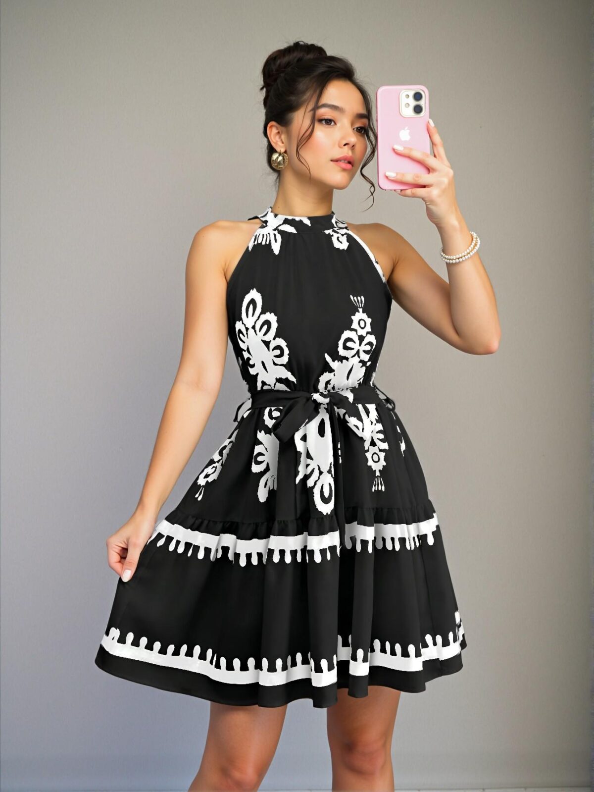 Elegant Black Bohemian Floral Print Halter Neck Mini Dress Perfect for Vacation Chic, Classy and Trendy Fashion Style to Dress to Impress