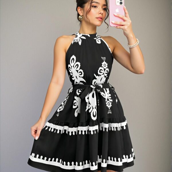 Elegant Black Bohemian Floral Print Halter Neck Mini Dress Perfect for Vacation Chic, Classy and Trendy Fashion Style to Dress to Impress