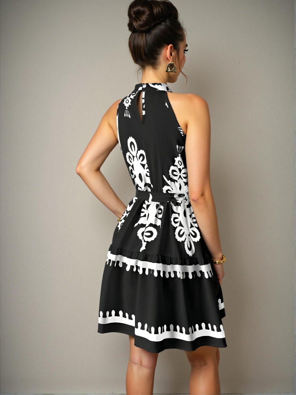 Elegant Black Bohemian Floral Print Halter Neck Mini Dress Perfect for Vacation Chic, Classy and Trendy Fashion Style to Dress to Impress - Image 2