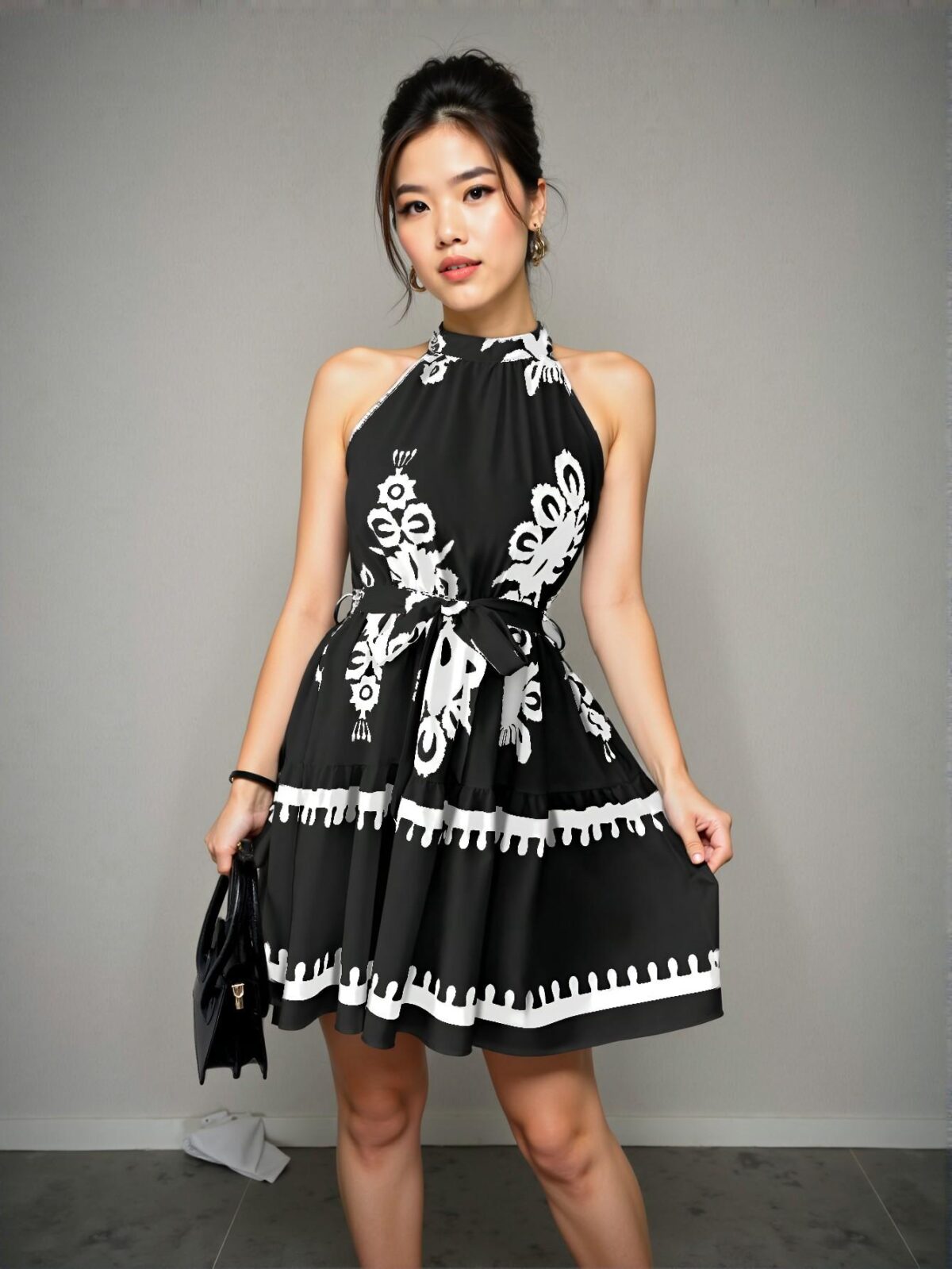 Elegant Black Bohemian Floral Print Halter Neck Mini Dress Perfect for Vacation Chic, Classy and Trendy Fashion Style to Dress to Impress - Image 3