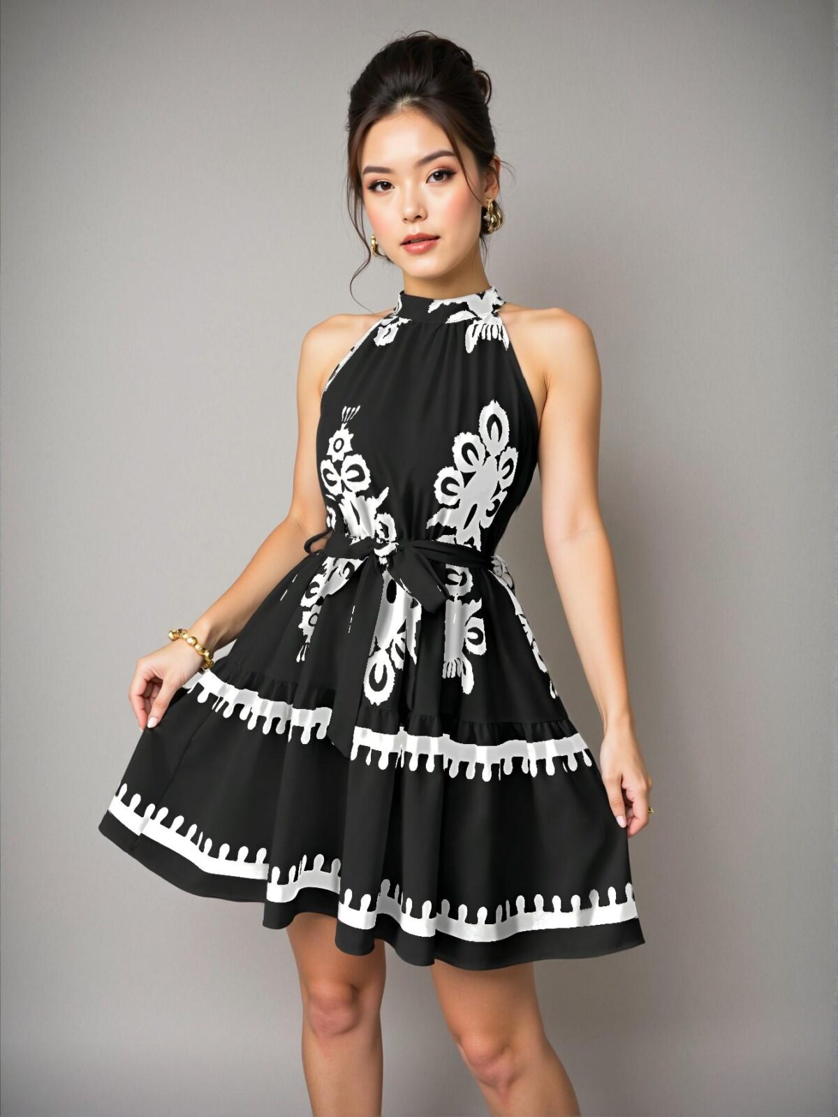Elegant Black Bohemian Floral Print Halter Neck Mini Dress Perfect for Vacation Chic, Classy and Trendy Fashion Style to Dress to Impress - Image 4