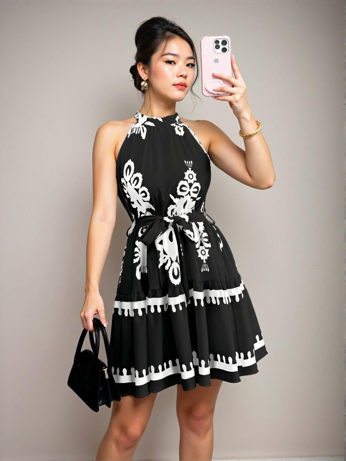 Elegant Black Bohemian Floral Print Halter Neck Mini Dress Perfect for Vacation Chic, Classy and Trendy Fashion Style to Dress to Impress - Image 5