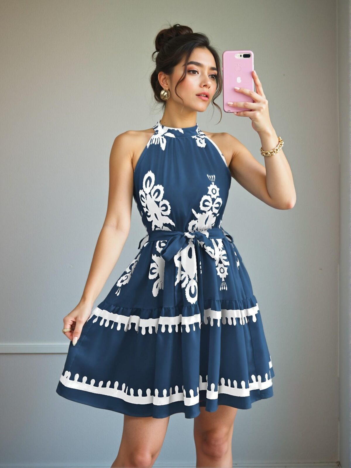 Elegant Dusty Blue Floral Ruffle Trim Halter Mini Dress Chic, Classy and Trendy Fashion Style to Dress to Impress