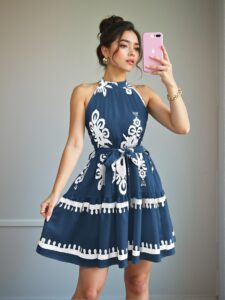Elegant Dusty Blue Floral Ruffle Trim Halter Mini Dress Chic, Classy and Trendy Fashion Style to Dress to Impress