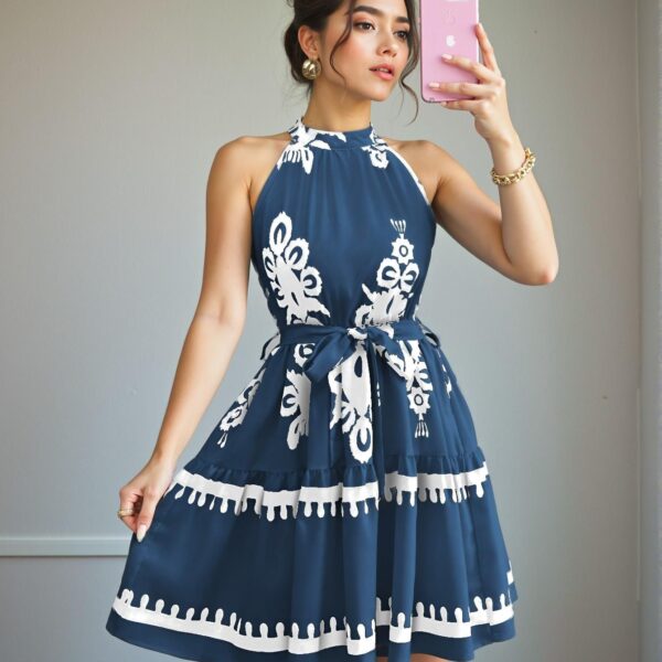 Elegant Dusty Blue Floral Ruffle Trim Halter Mini Dress Chic, Classy and Trendy Fashion Style to Dress to Impress