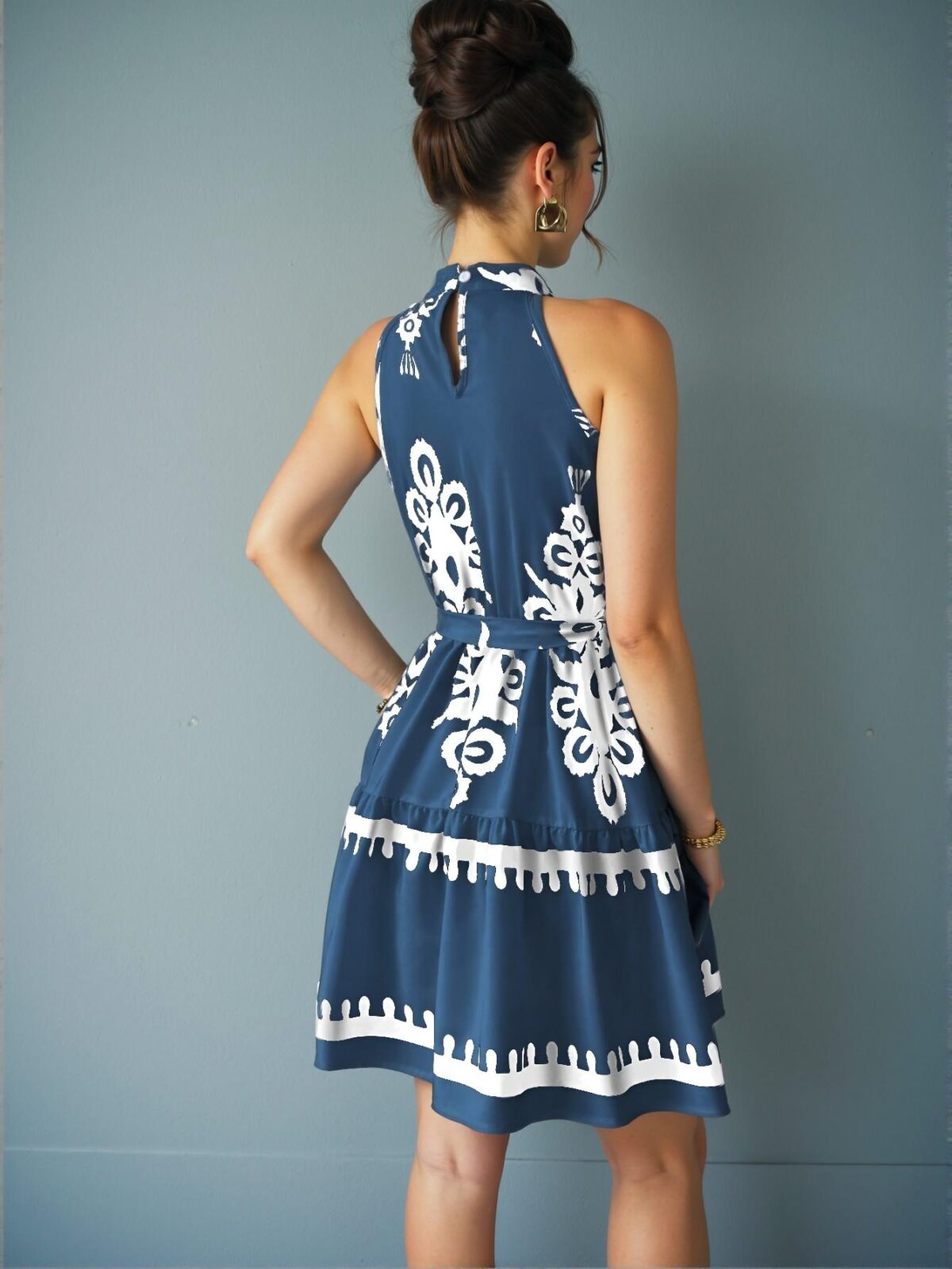 Elegant Dusty Blue Floral Ruffle Trim Halter Mini Dress Chic, Classy and Trendy Fashion Style to Dress to Impress - Image 2