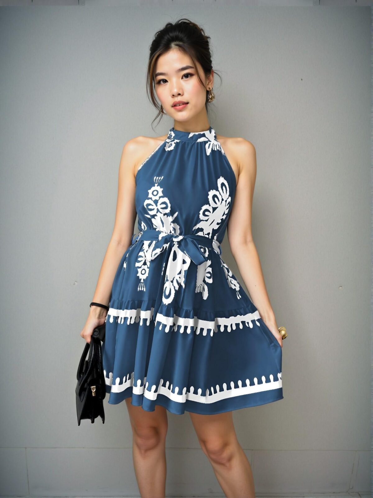 Elegant Dusty Blue Floral Ruffle Trim Halter Mini Dress Chic, Classy and Trendy Fashion Style to Dress to Impress - Image 3