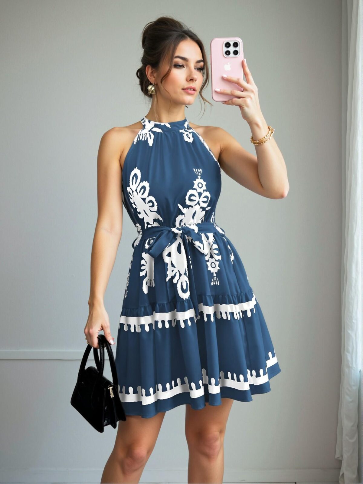 Elegant Dusty Blue Floral Ruffle Trim Halter Mini Dress Chic, Classy and Trendy Fashion Style to Dress to Impress - Image 4