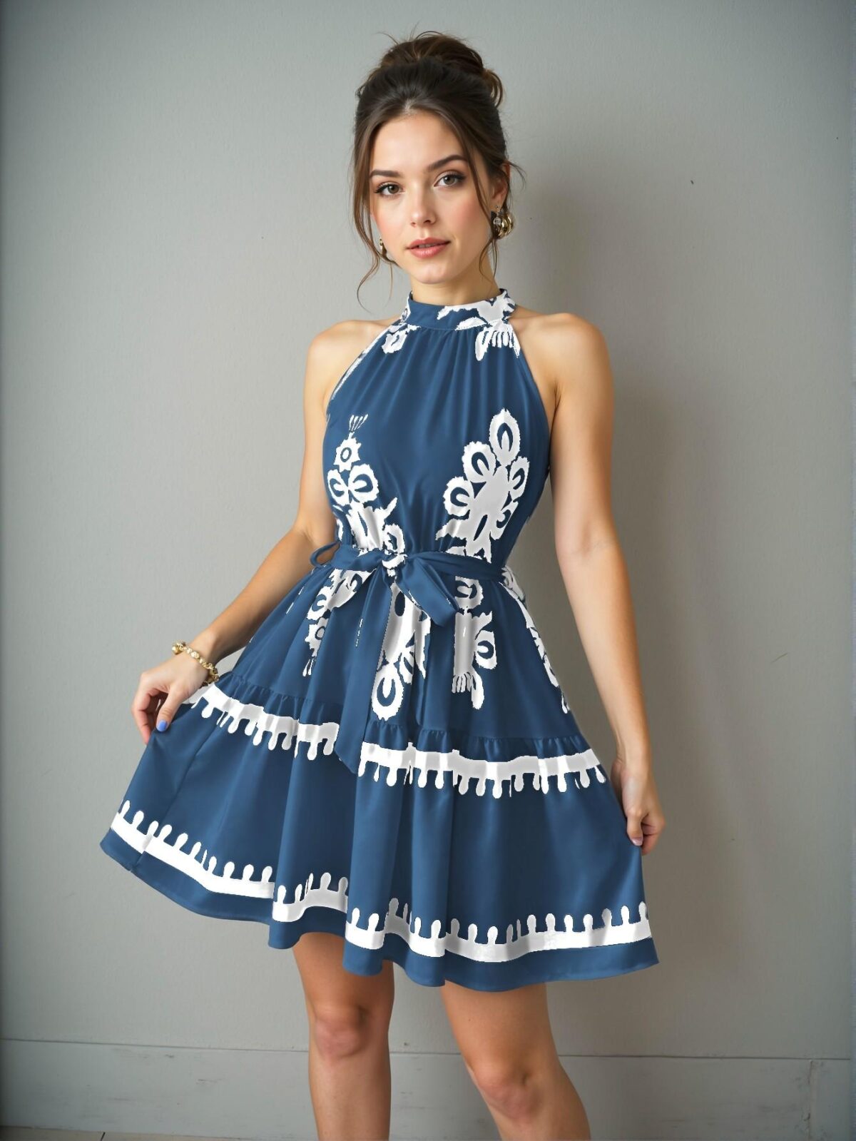 Elegant Dusty Blue Floral Ruffle Trim Halter Mini Dress Chic, Classy and Trendy Fashion Style to Dress to Impress - Image 5