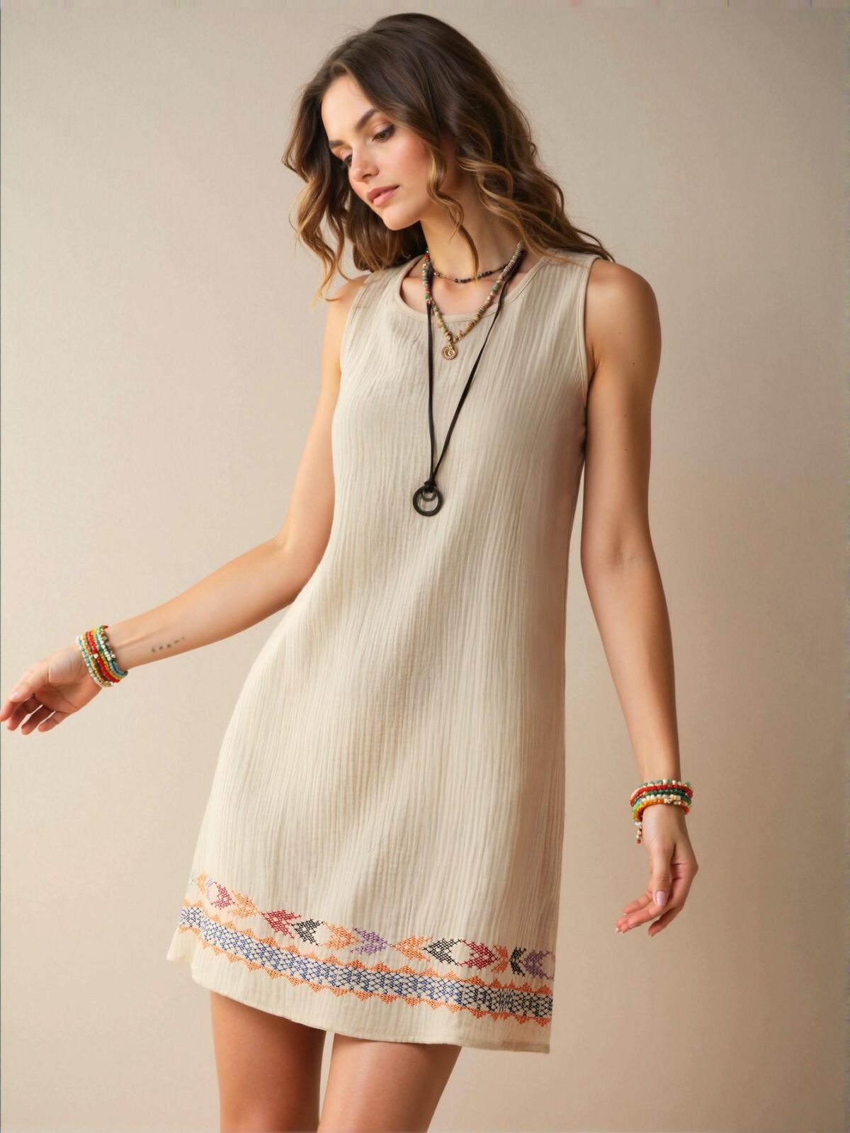 Elegant Apricot Boho Sleeveless Mini Dress with Geometric Design for Your Beach Getaway - Chic, Classy and Trendy Fashion Style to Dress to Impress