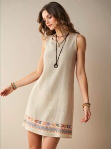 Elegant Apricot Boho Sleeveless Mini Dress with Geometric Design for Your Beach Getaway - Chic, Classy and Trendy Fashion Style to Dress to Impress