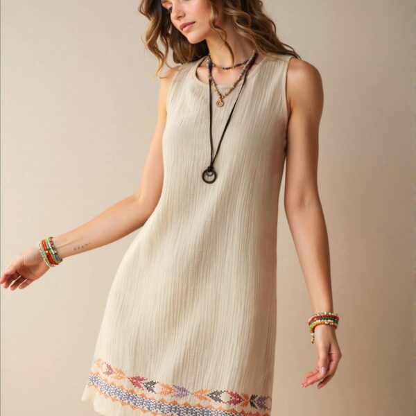 Elegant Apricot Boho Sleeveless Mini Dress with Geometric Design for Your Beach Getaway - Chic, Classy and Trendy Fashion Style to Dress to Impress