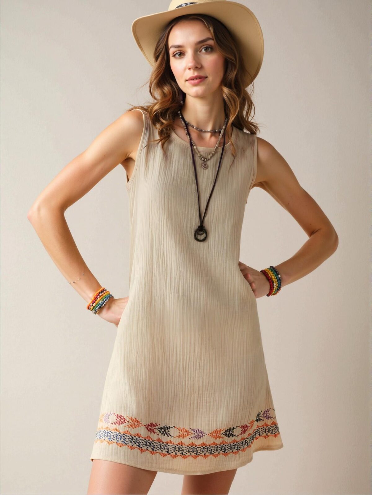 Elegant Apricot Boho Sleeveless Mini Dress with Geometric Design for Your Beach Getaway - Chic, Classy and Trendy Fashion Style to Dress to Impress - Image 5